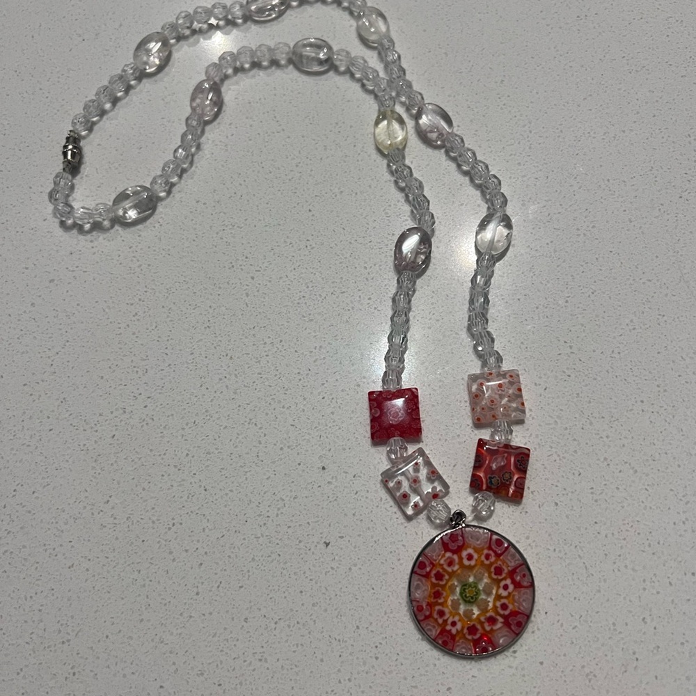 Murano Glass‎ Millefiori Pendant Necklace Silver Frame Beaded Chain